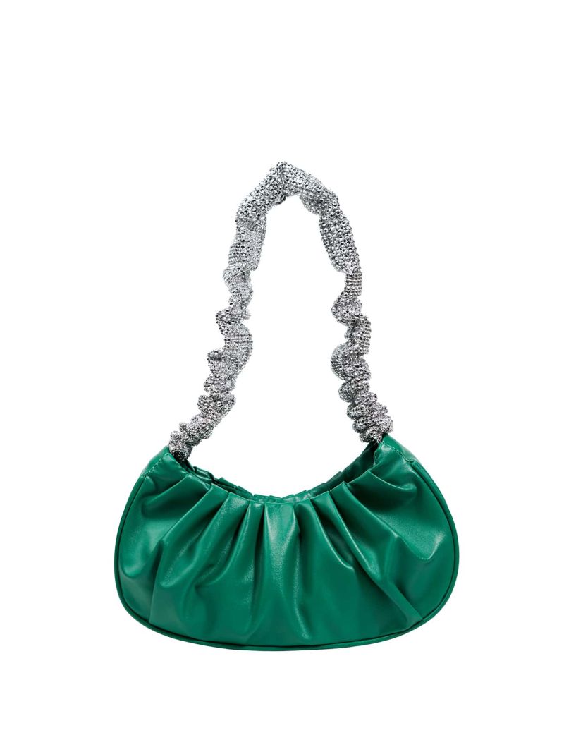 Rhinestone Decor Ruched Bag PU Green