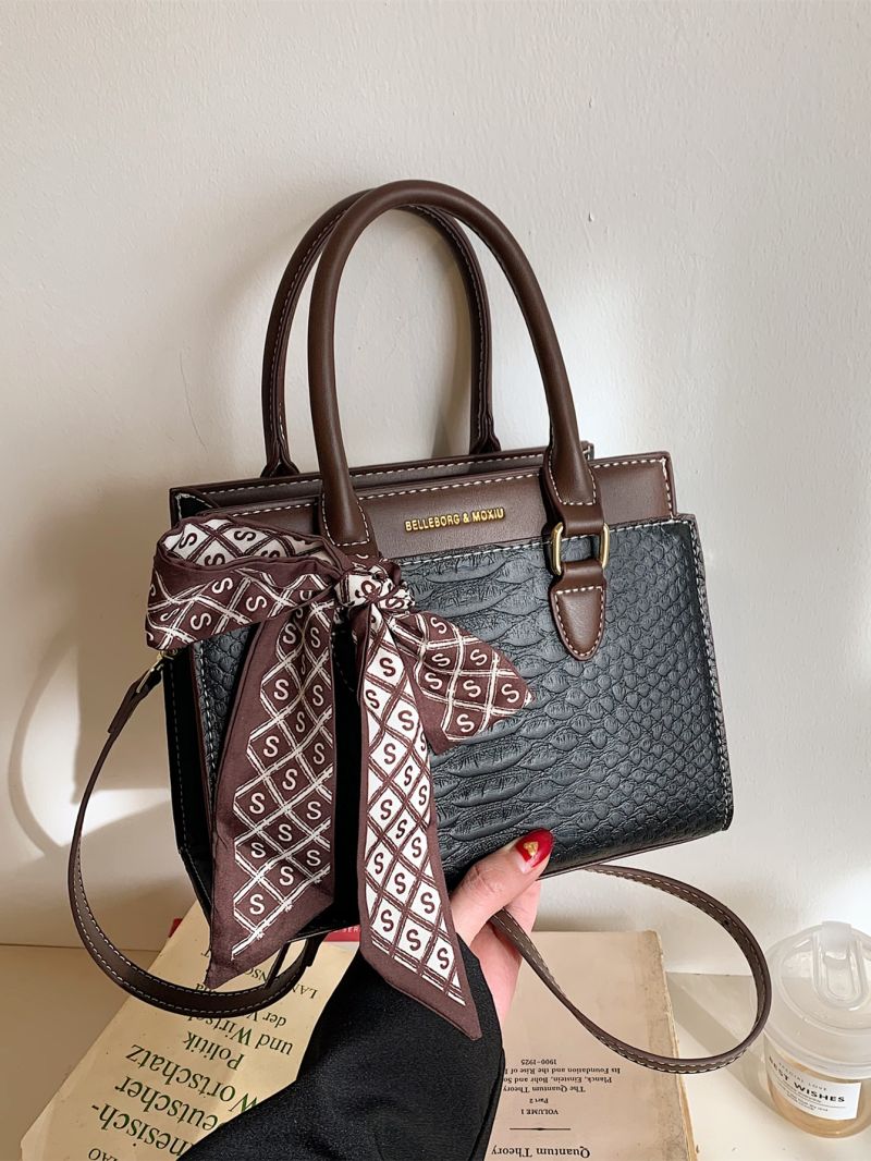 Crocodile Embossed Square Bag Twilly Scarf Decor PU