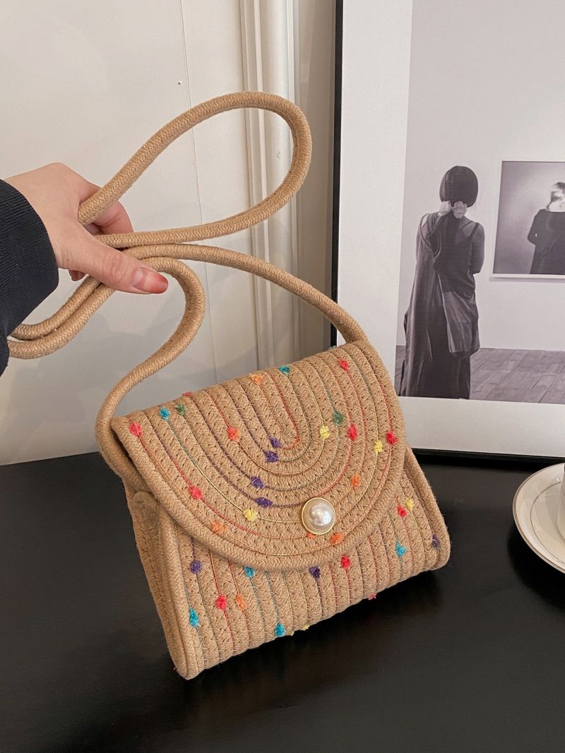 Mini Straw Bag Faux Pearl Decor For Vacation