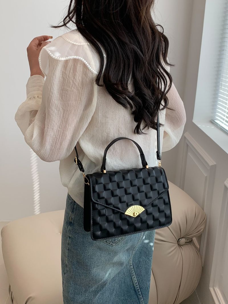 Plaid Pattern Square Bag Flap Black Small