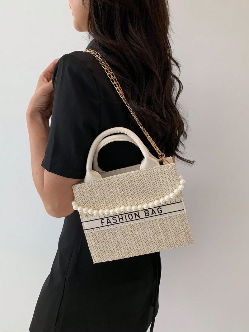 Faux Pearl Beaded Straw Bag Small Letter Graphic Vacation
