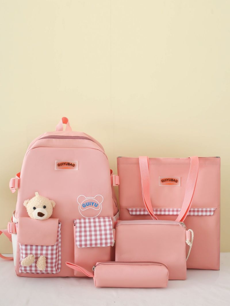 4pcs Backpack Set Cartoon Bear Decor Classic Backpack Shoulder Tote Bag Square Bag Pencil Case For School