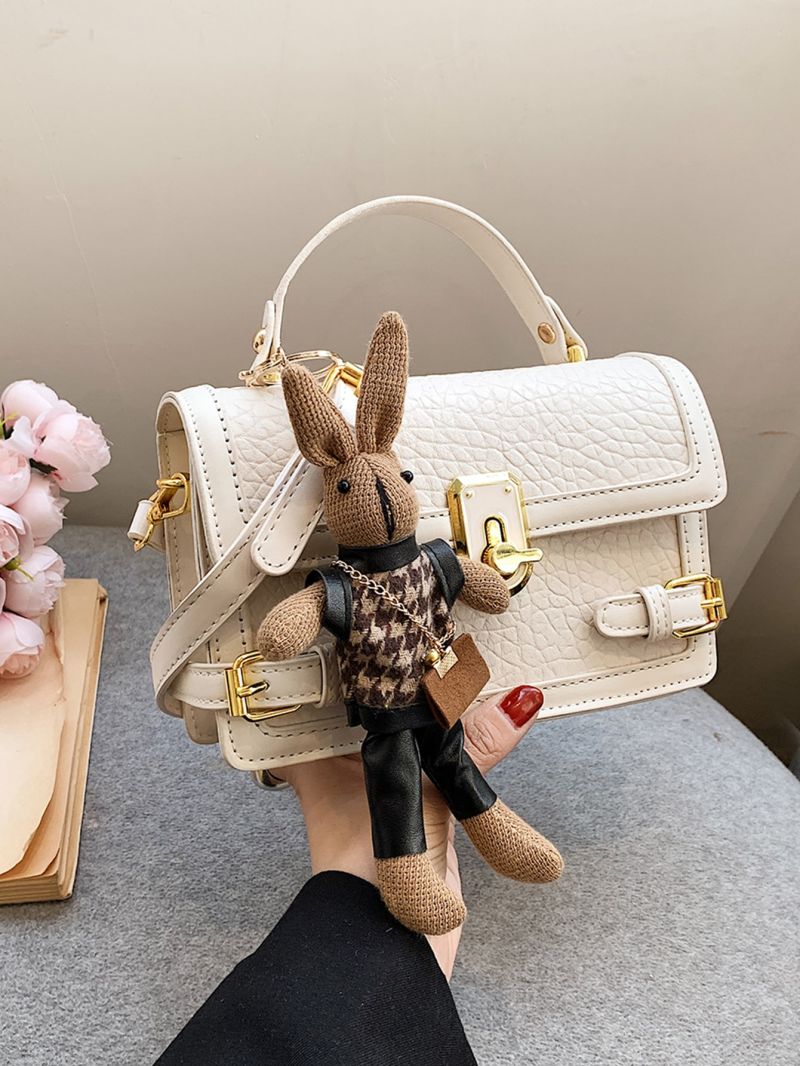 Mini Litchi Embossed Square Bag Buckle Decor Flap With Bag Charm For Daily