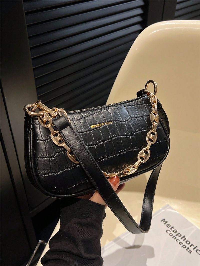 Crocodile Embossed Hobo Bag Black Fashionable Chain Decor For Daily