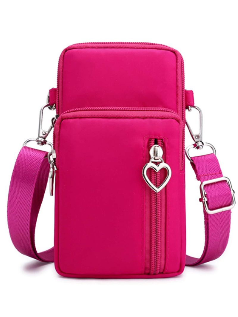 Pink Phone Wallet Heart Decor Zipper Adjustable-strap