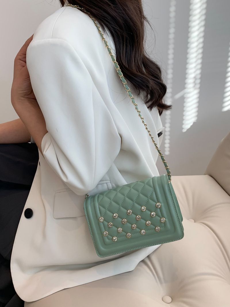 Mini Square Bag Rhinestone Round Decor Quilted Chain Flap PU