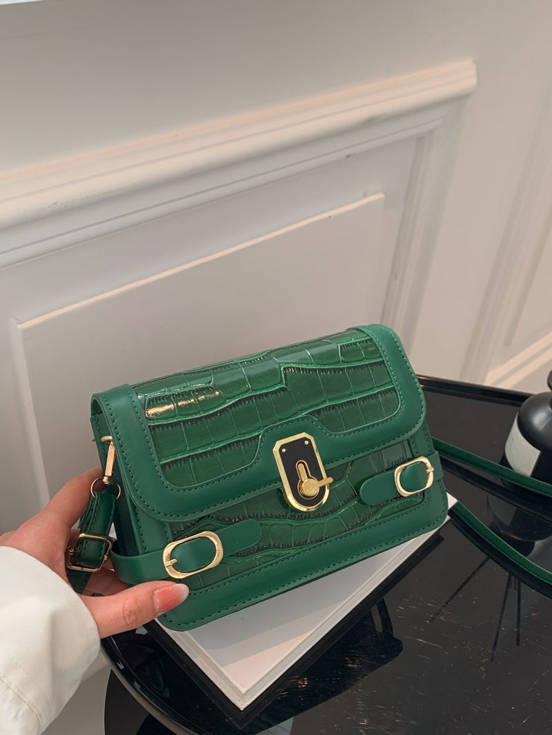 Mini Square Bag Fashionable Crocodile Print Buckle Decor Flap Adjustable-strap