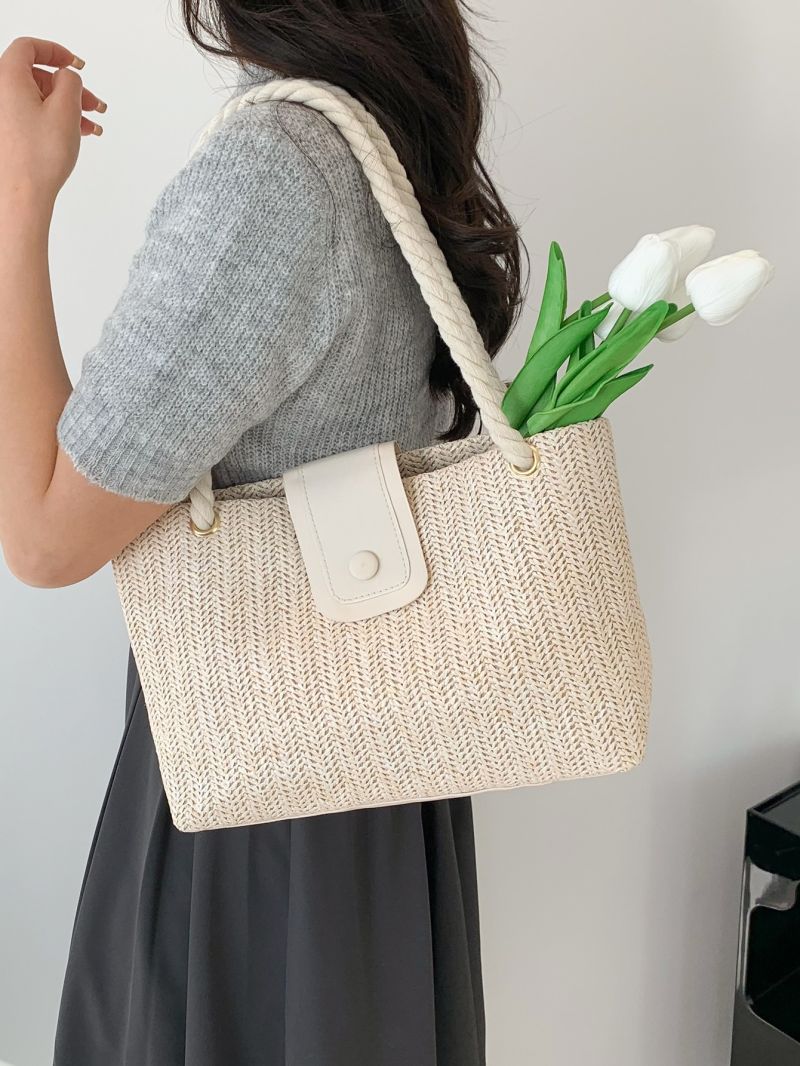 Colorblock Straw Bag Double Handle Vacation