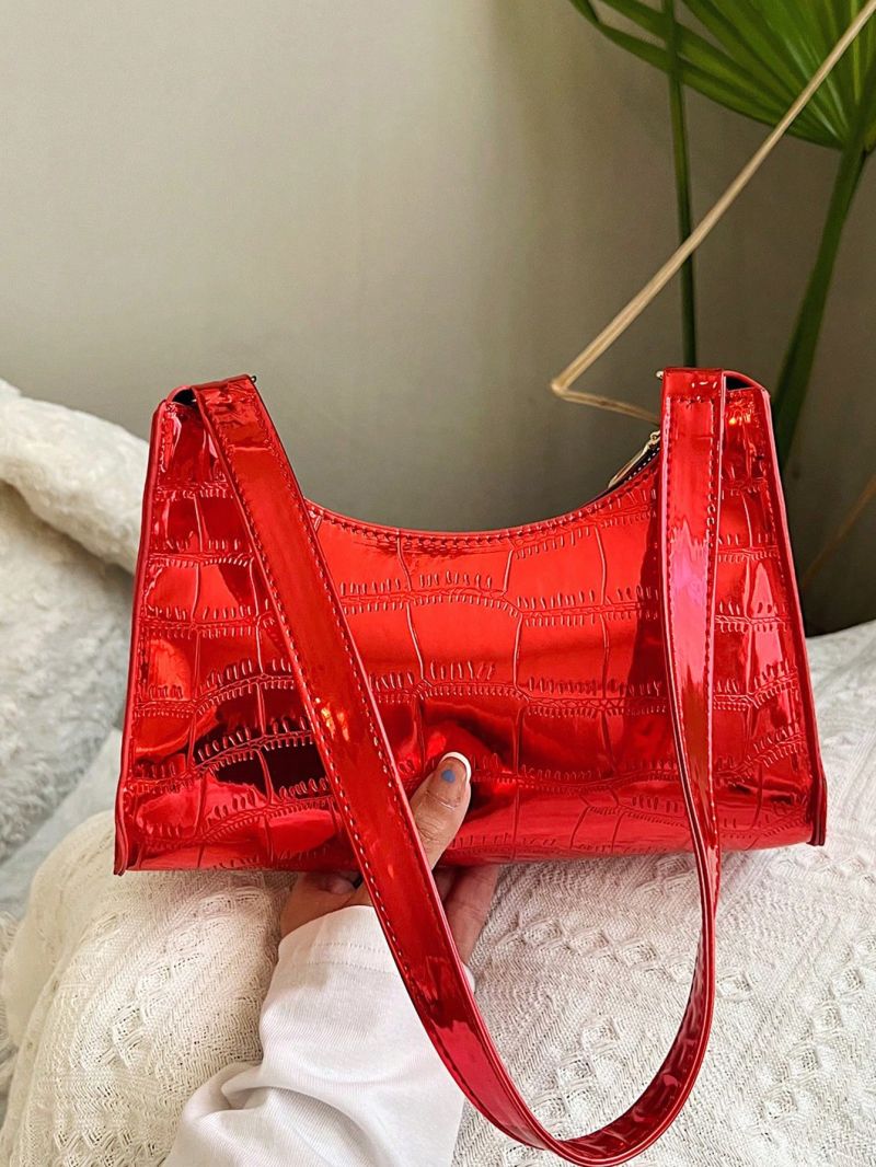 Crocodile Embossed Baguette Bag Red Fashionable Top Handle For Daily