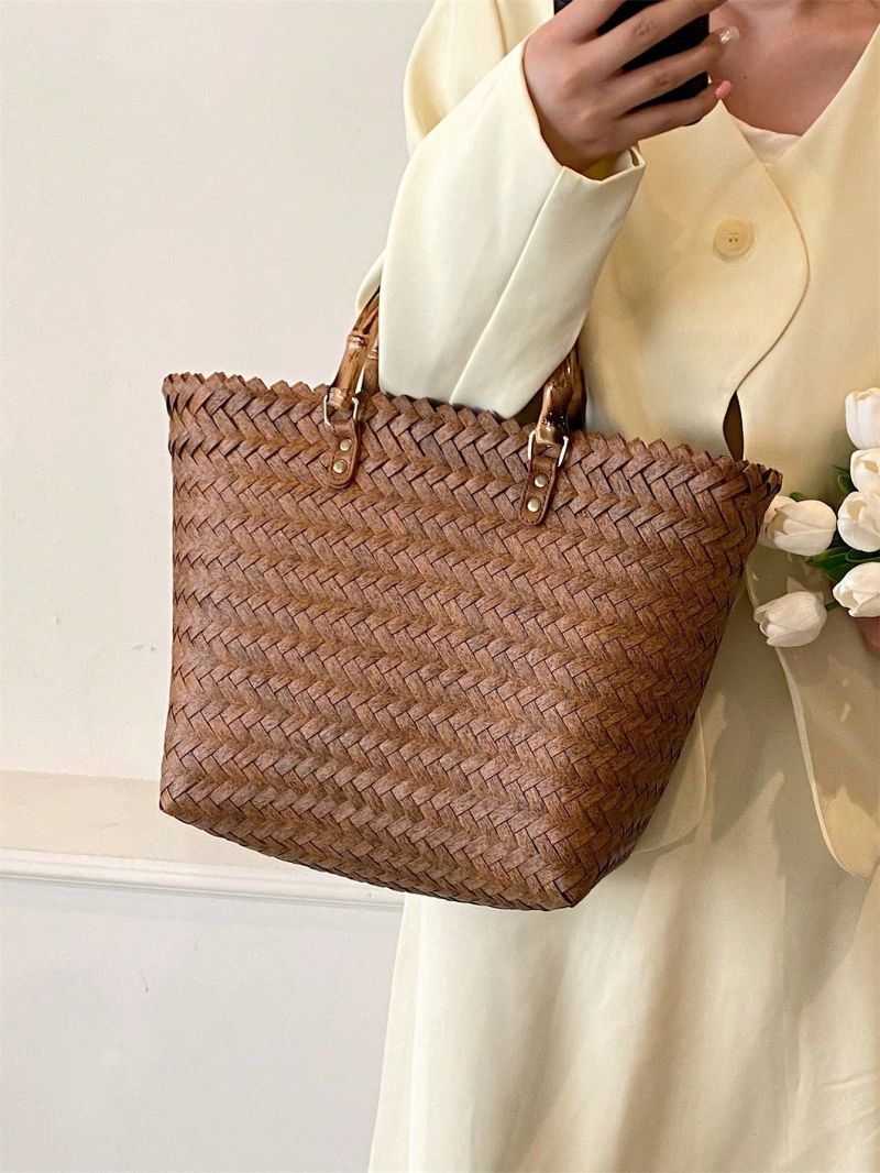 Brown Straw Bag Vacation Studded Decor Double Handle