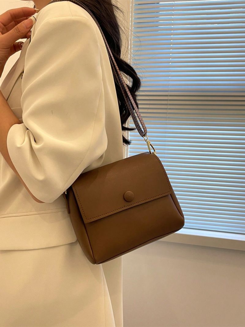 Mini Square Bag Adjustable Strap Flap Brown PU Minimalist