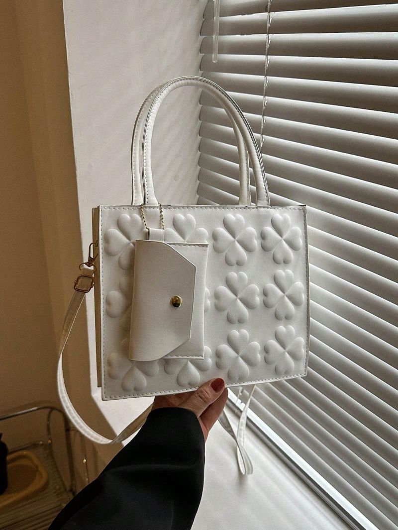 Four-leaf Clover Textured Square Bag With Coin Purse Double Handle White PU