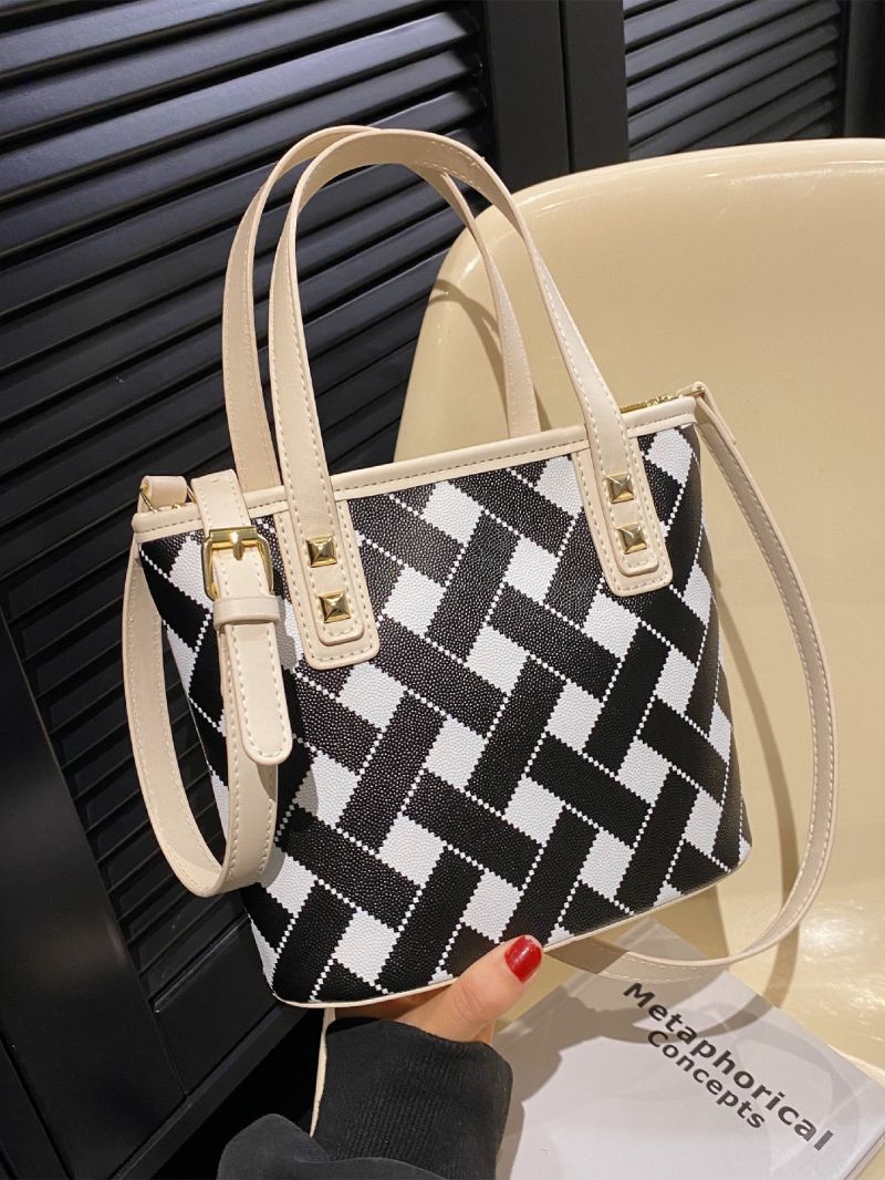 Small Bucket Bag Geometric Pattern Double Handle Studded Detail