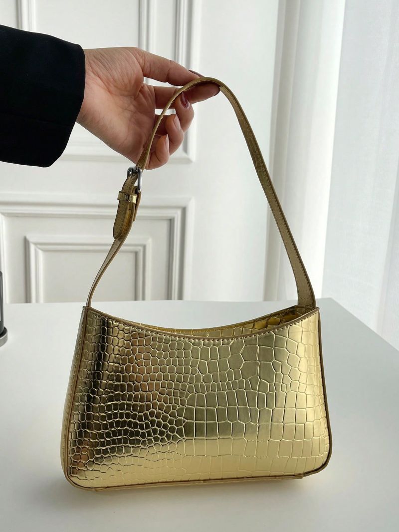 Crocodile Embossed Hobo Bag Small Metallic Funky