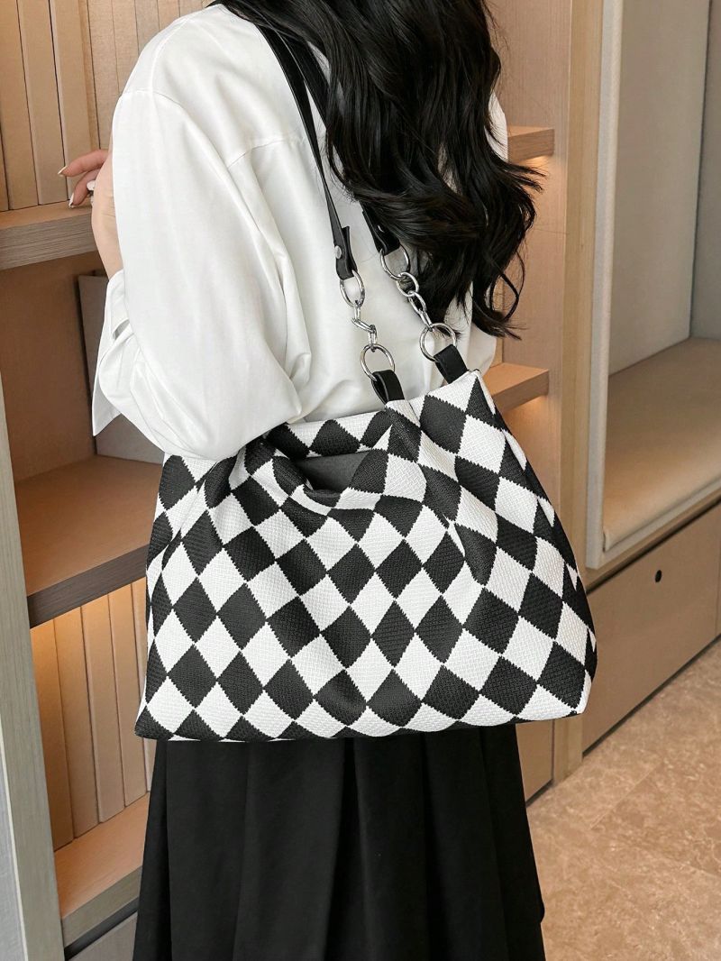 Medium Shoulder Tote Bag Argyle Pattern Double Handle