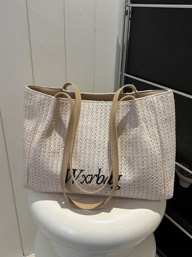 Medium Straw Bag Letter Embroidery Design Double Handle