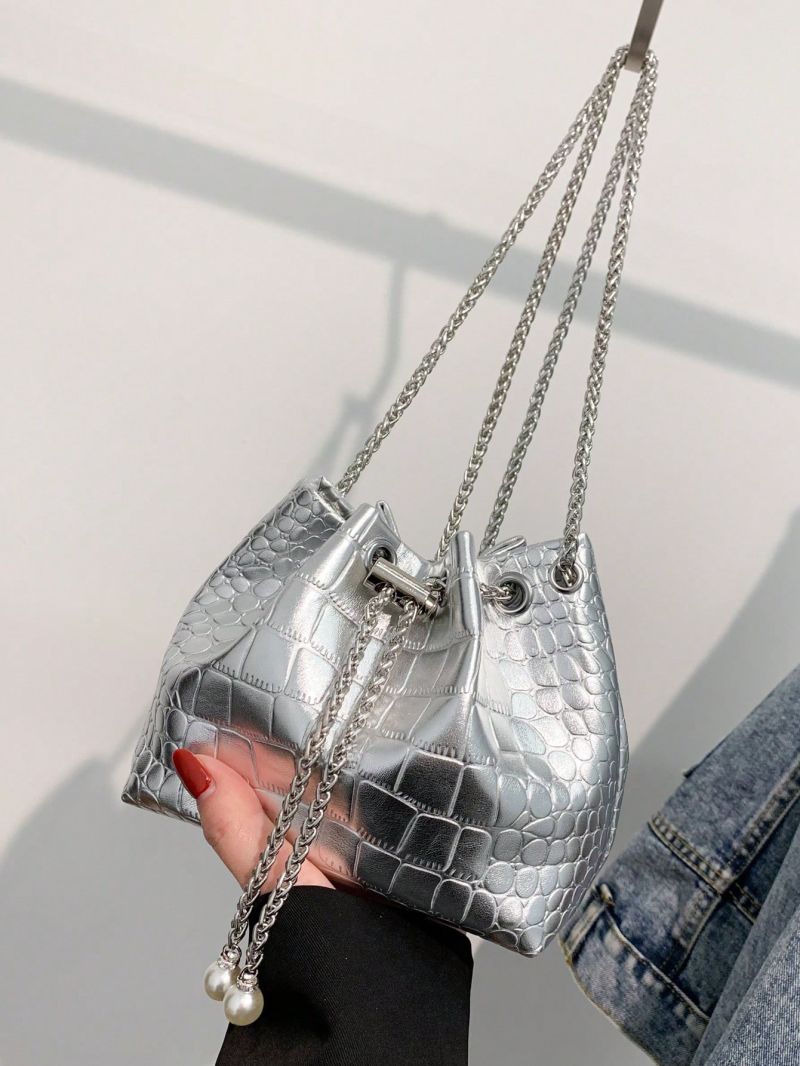 Mini Bucket Bag Metallic Crocodile Embossed Faux Pearl Decor Chain Strap