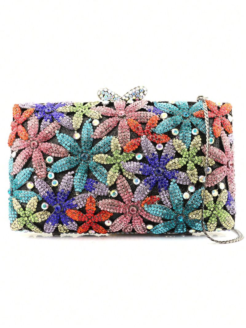 Mini Box Bag Colorblock Flower Shaped Rhinestone Decor Chain Strap