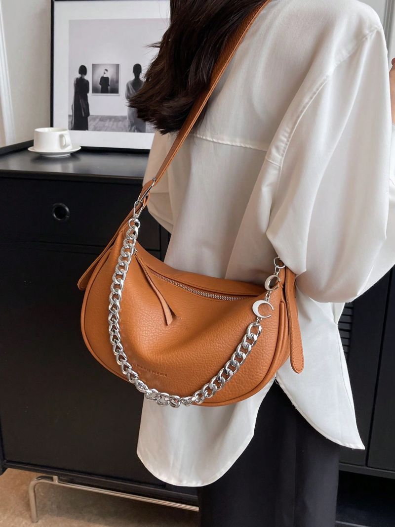Medium Hobo Bag Solid Color Chain Decor Letter Detail