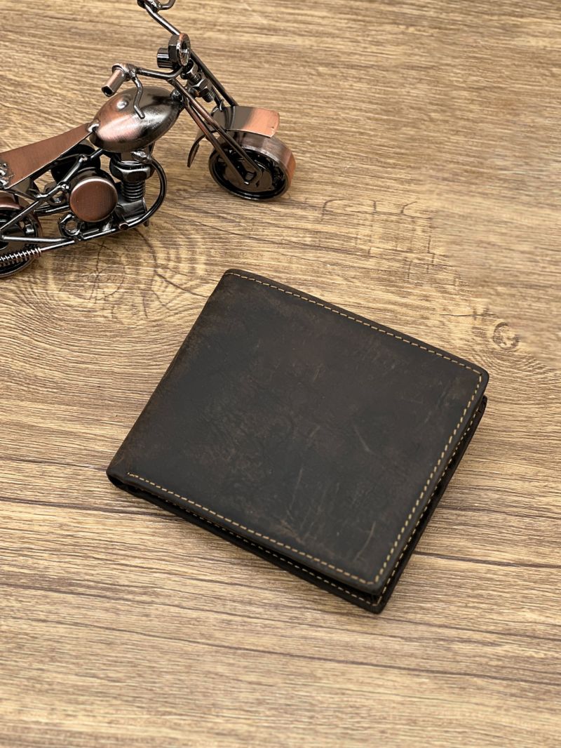 Stitch Detail Small Wallet Black Genuine Leather Credit Card Holder For Daily