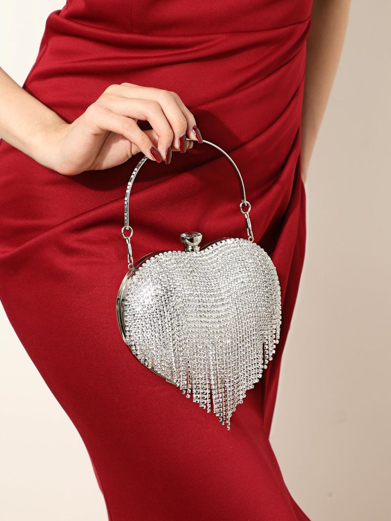 Mini Novelty Bag Glamorous Rhinestone Tassel Decor Heart Design Chain For Party
