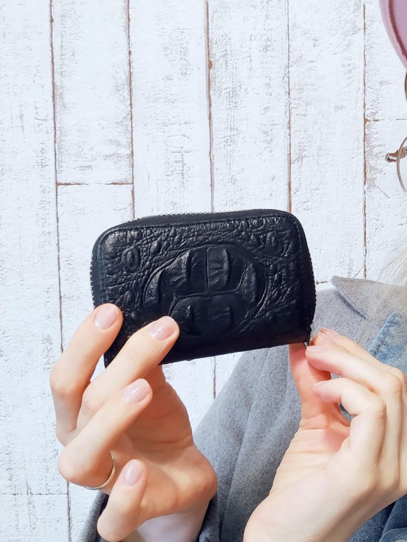 Crocodile Embossed Multiple Card Slots Black Genuine Leather Zipper Around For Daily