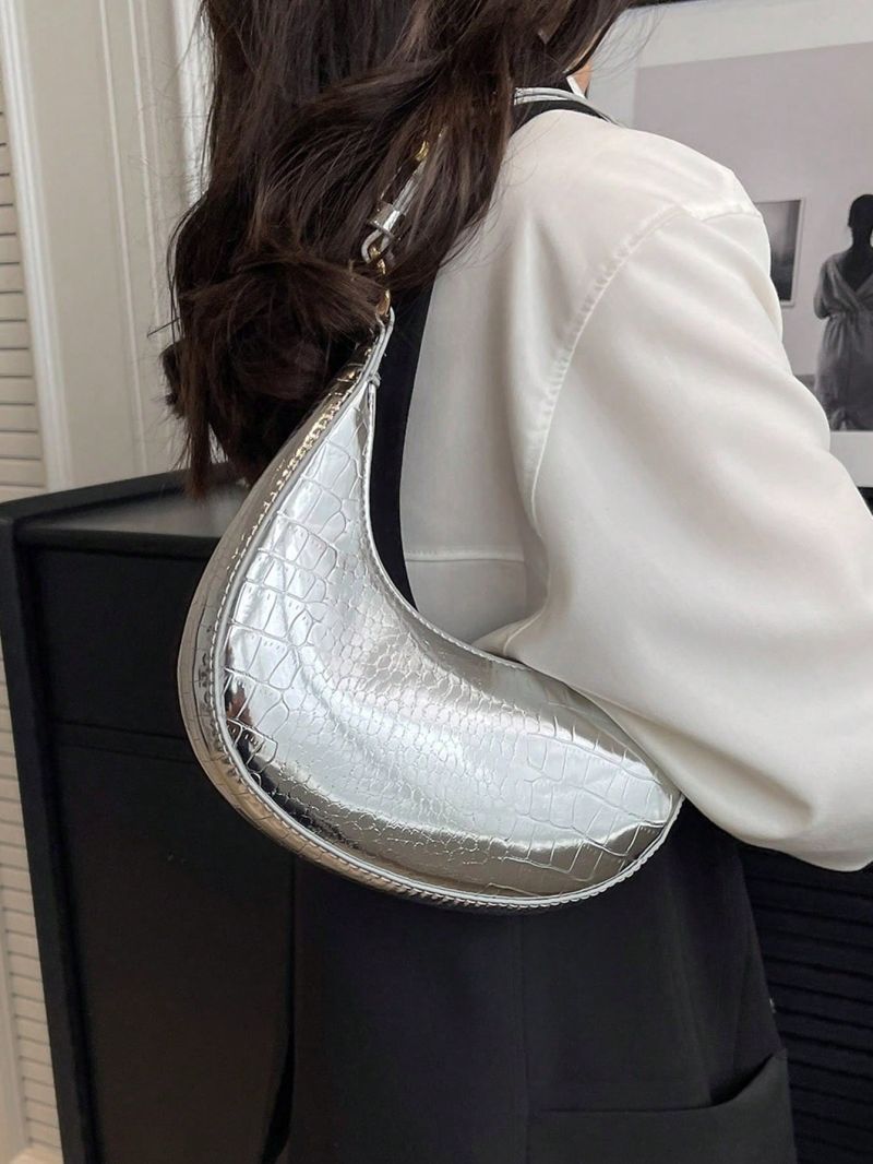 PU Hobo Bag Crocodile Embossed Top-Handle Silver