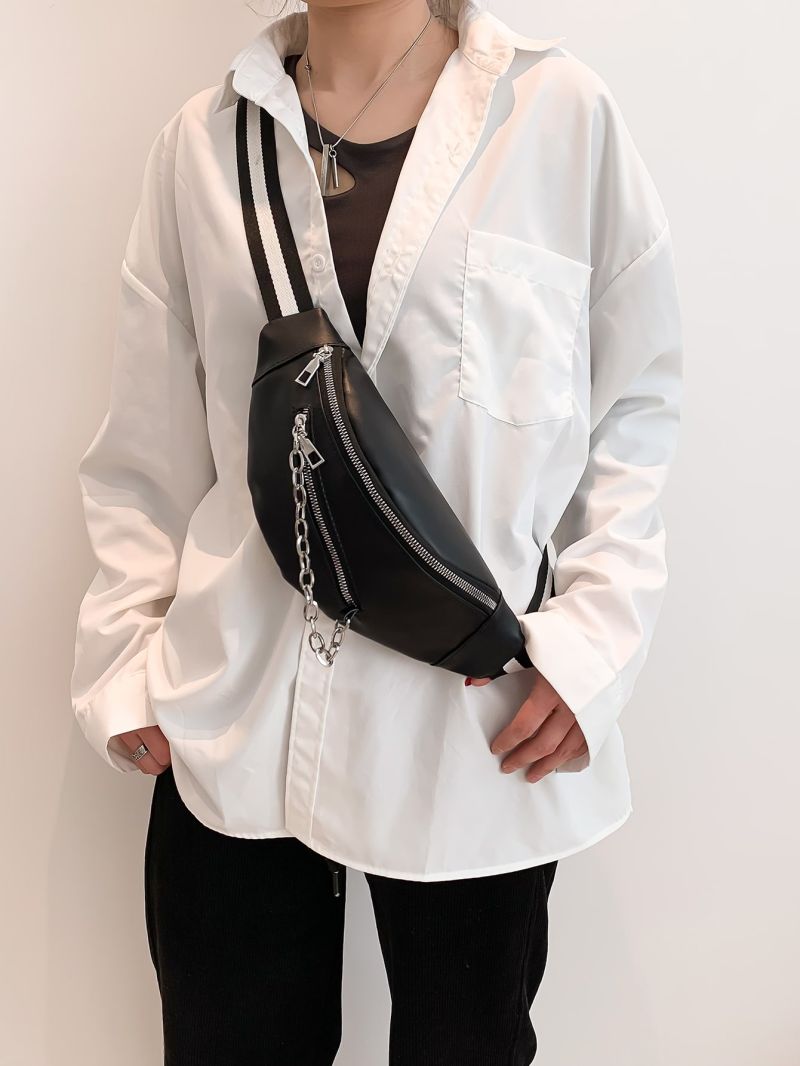 PU Fanny Pack Chain Decor Zipper Adjustable-strap