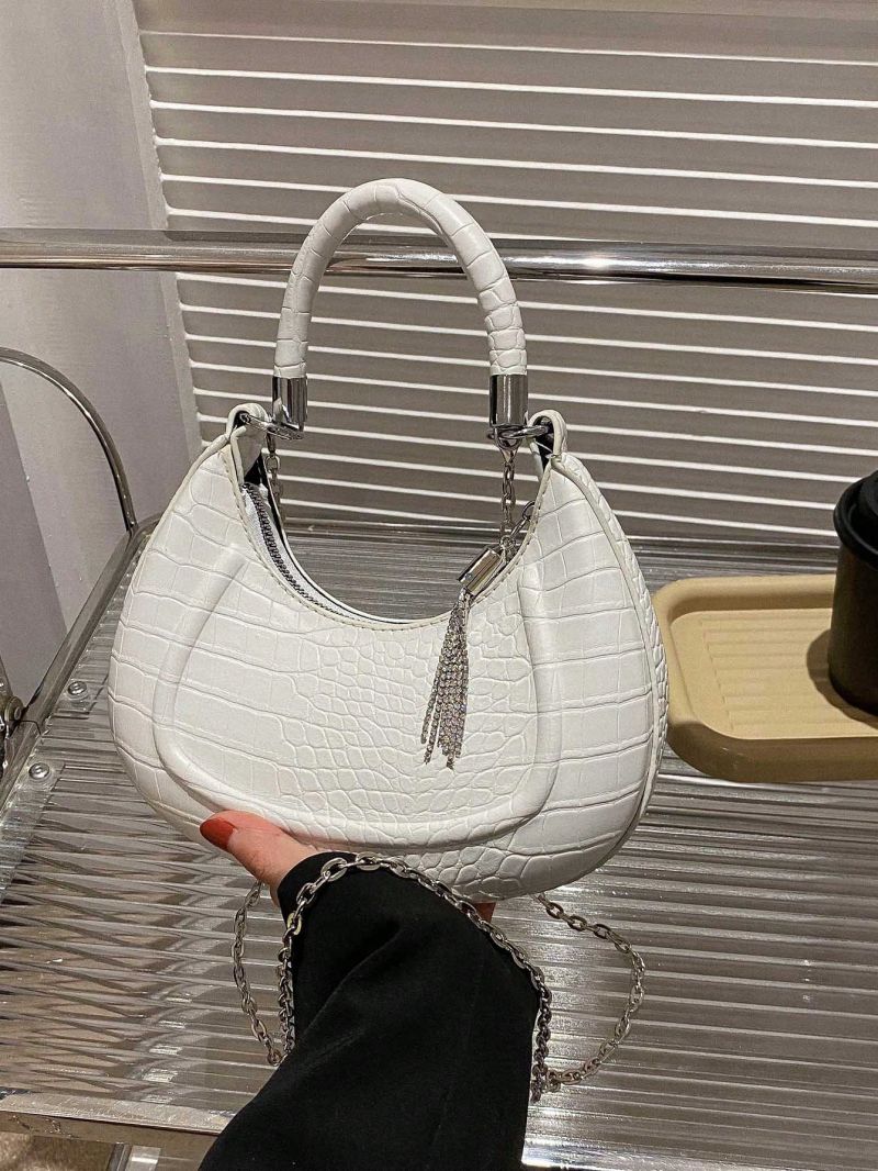 Small Hobo Bag Crocodile Embossed Tassel Decor