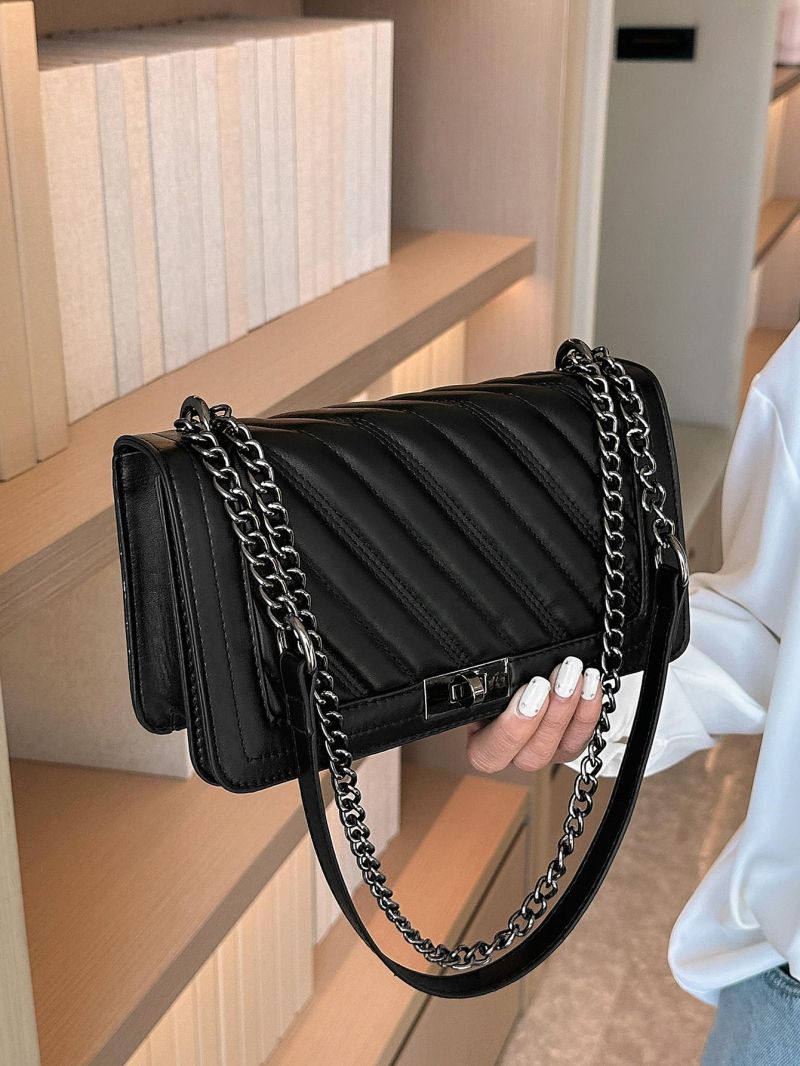 Solid Color Square Bag Quilted Chain Strap