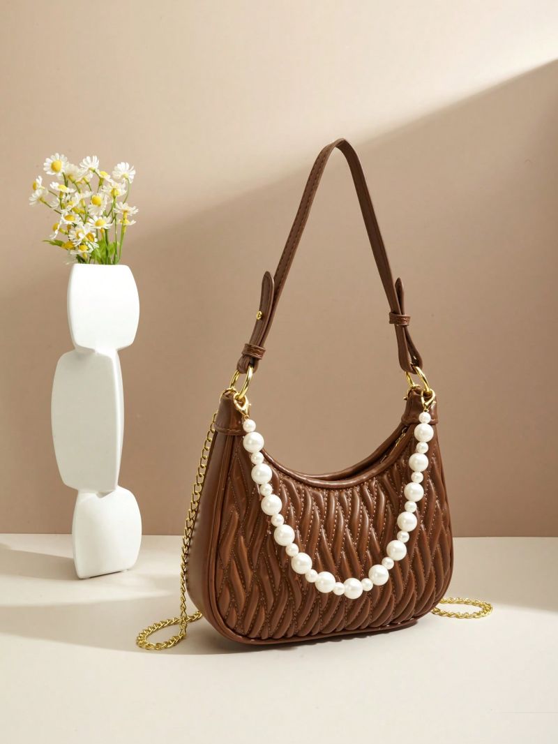 Small Hobo Bag Quilted Faux Pearl Decor