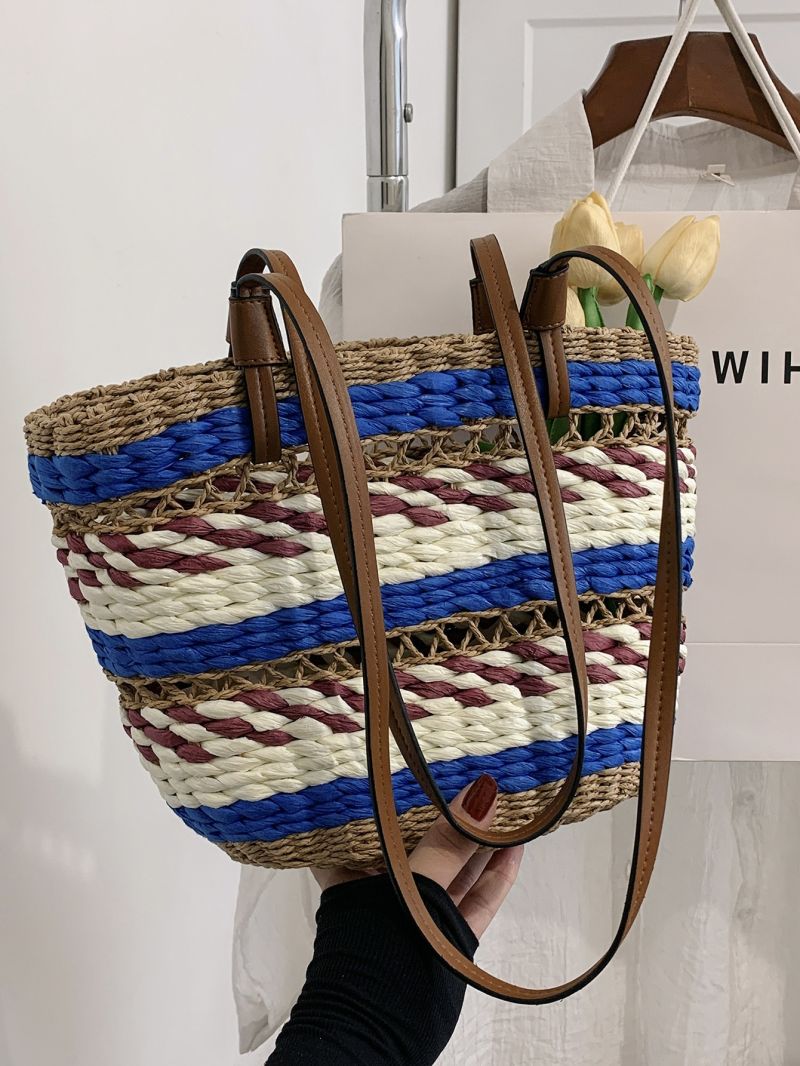 Colorblock Straw Bag Paper Striped Pattern