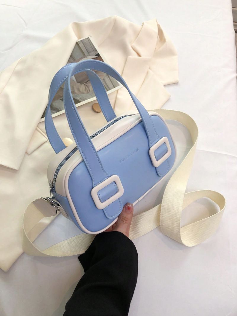Small Square Bag Buckle Decor Double Handle Contrast Binding