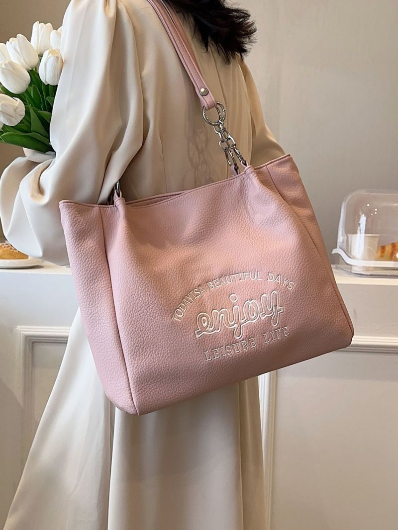 Small Shoulder Tote Bag Letter Graphic Litchi Embossed