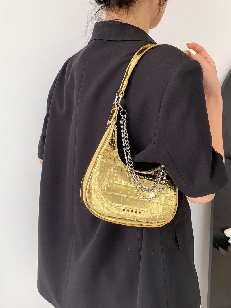 Small Hobo Bag Crocodile Embossed Star & Chain Decor