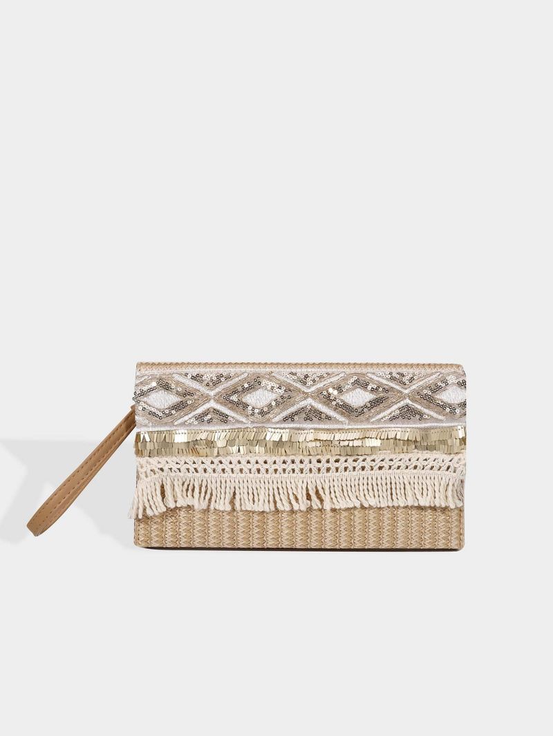 Sequin & Fringe Decor Straw Bag Stitch Detail