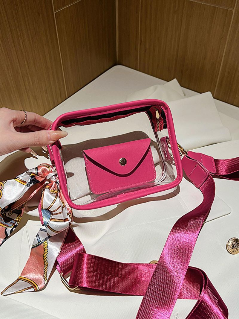 Mini Clear Square Bag With Coin Purse Twilly Scarf Decor Neon Pink
