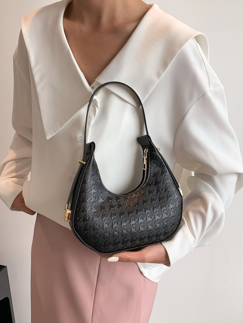 Small Hobo Bag Black Houndstooth Embossed Zipper PU