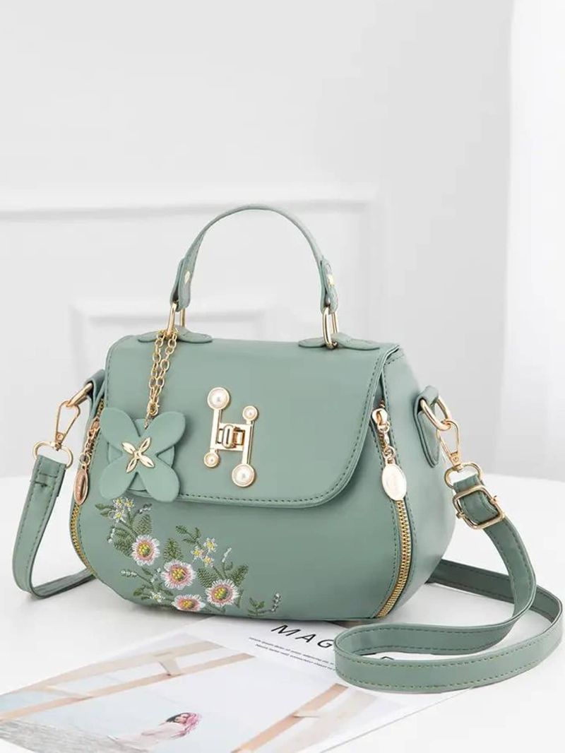 Floral Embroidery Crossbody Bag, Women's Top Handle Flap Purse, Fashion Shoulder Bag With Pendant, Elegant For Office & Work