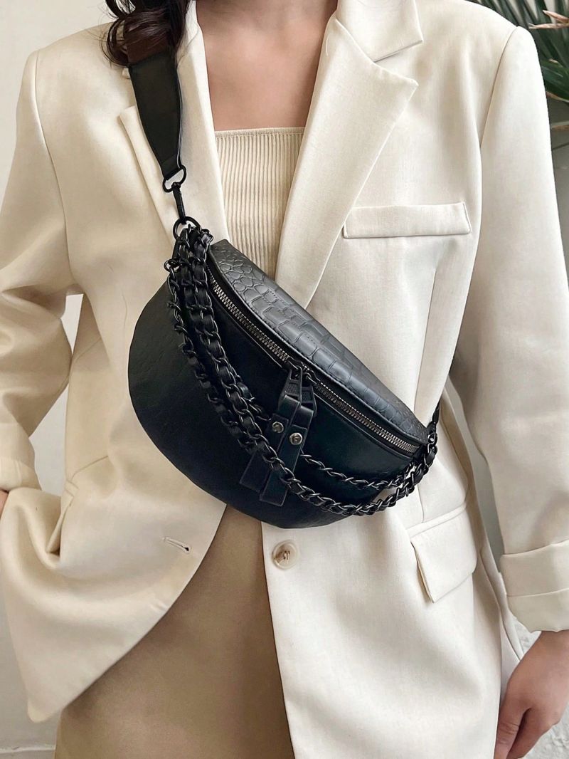 Crocodile Embossed Fanny Pack Chain Decor Adjustable Strap For Daily