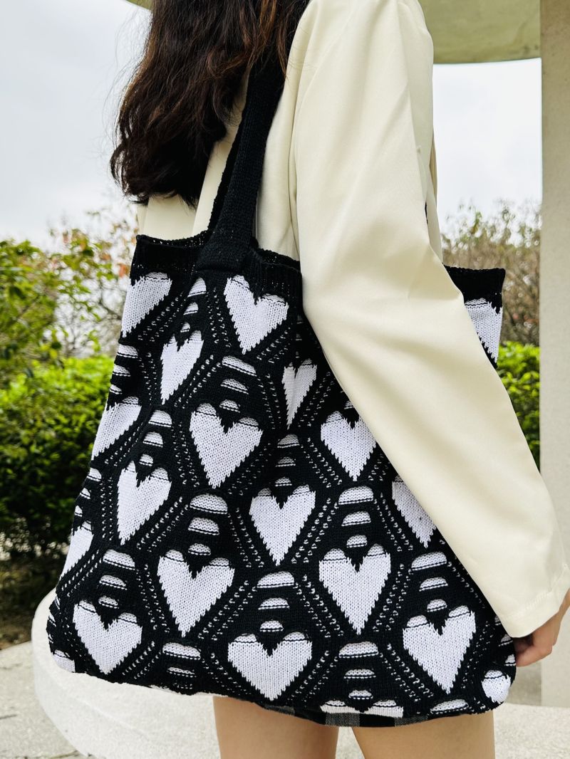 Large Crochet Bag Heart Pattern Double Handle For Vacation
