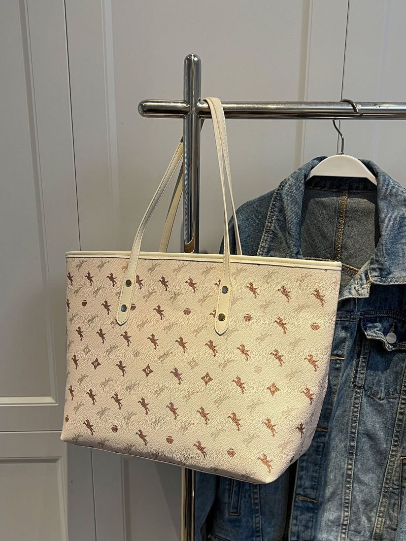 All Over Print Shoulder Tote Bag Beige Double Handle For Work