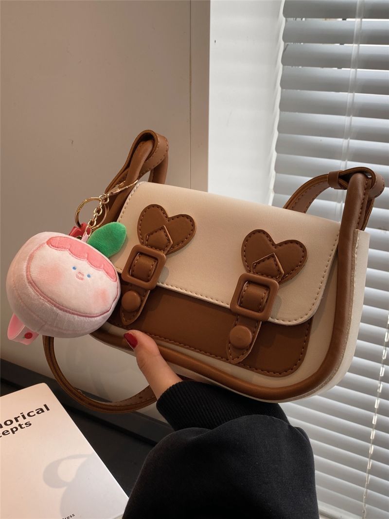 Colorblock Square Bag Button Decor Flap With Bag Charm For Daily