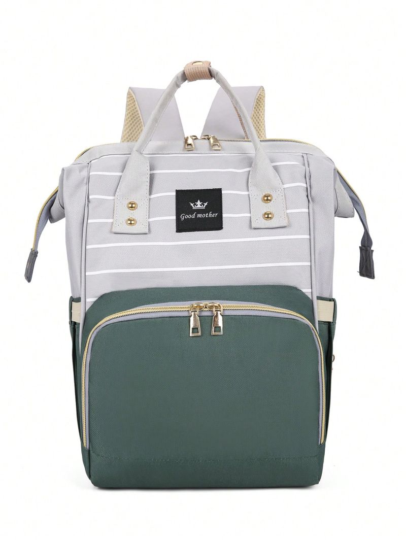 Striped Pattern Classic Backpack Letter Label Detail Multi-function With Zipper