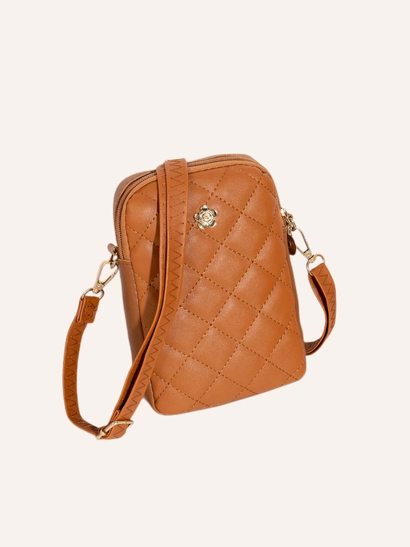 Flower Decor Phone Wallet Fashionable Argyle Quilted Zipper PU