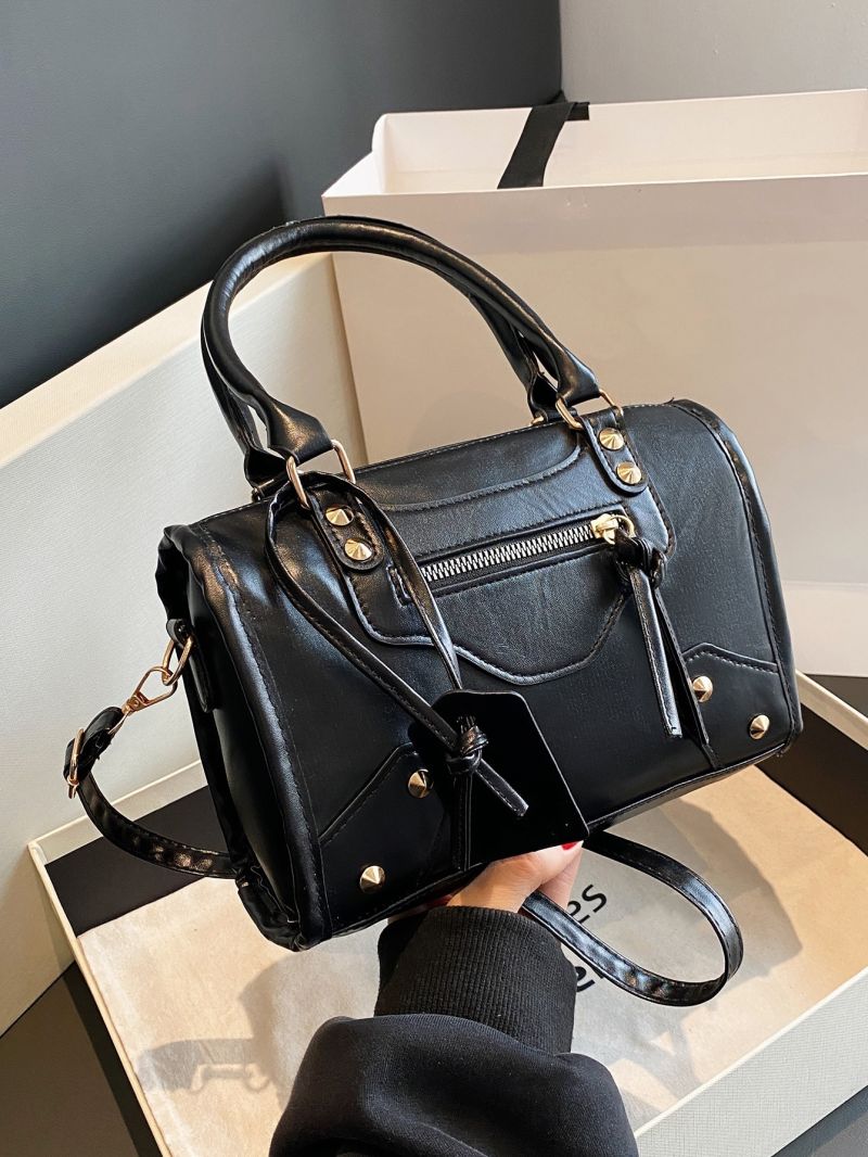 Small Boston Bag Fashionable Studded Decor Double Handle PU