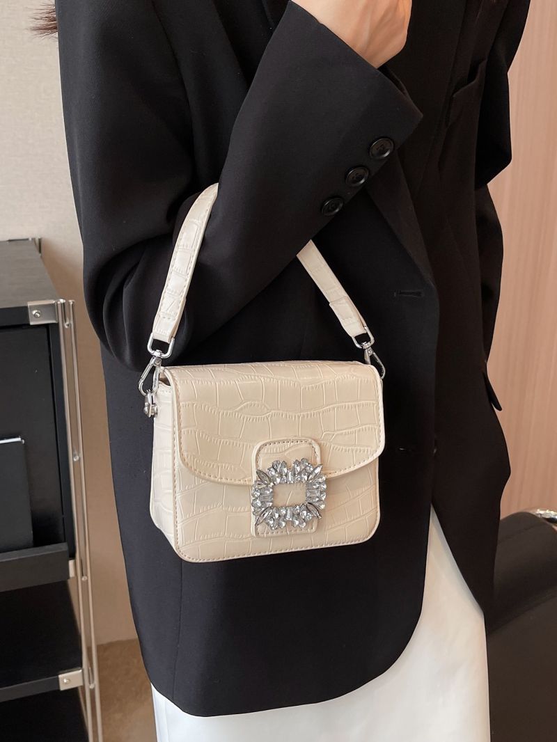 Mini Square Bag Fashionable Crocodile Embossed Rhinestone Decor Flap Top Handle PU