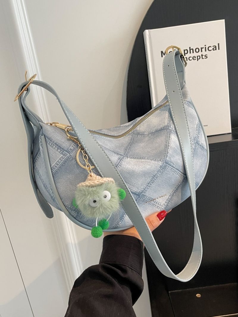 Plaid Pattern Hobo Bag With Pompom Charm Fashionable Zipper PU