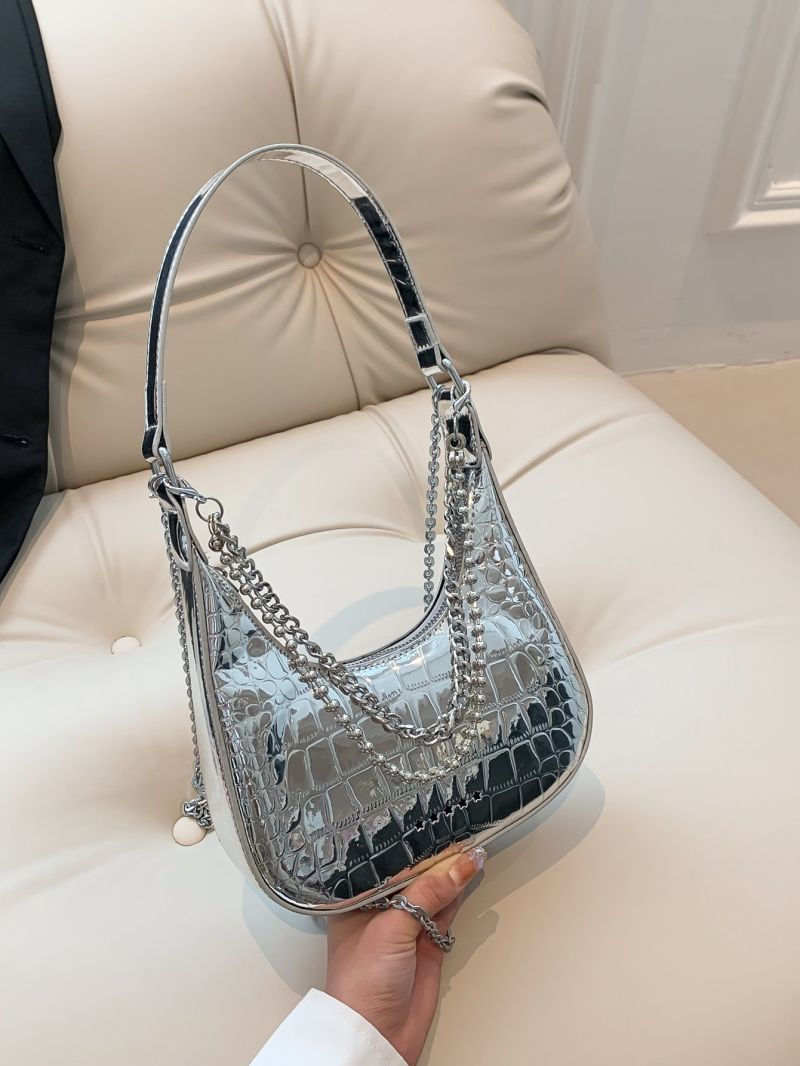 Crocodile Embossed Hobo Bag Chain With Zipper Metallic PU Funky