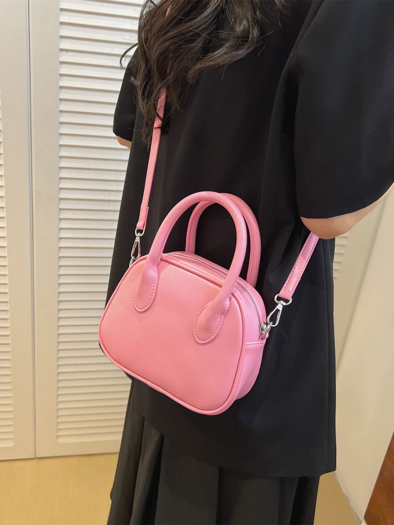 Mini Square Bag Minimalist Pink Double Handle Zipper PU